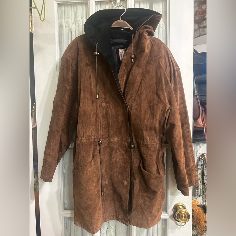 💥SOLD💥 Vintage ADA Suede Leather Brown Hooded Flyaway Parka Anorak Coat Jacket